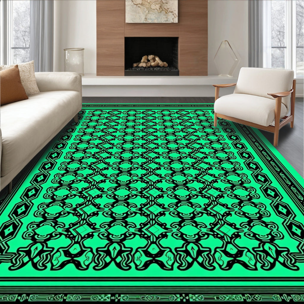 Vibrant Emerald Black Vintage Scroll Rug