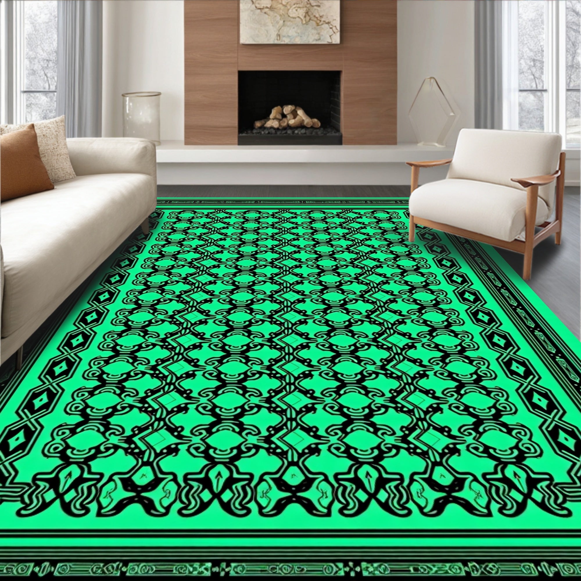 Vibrant Emerald Black Vintage Scroll Rug