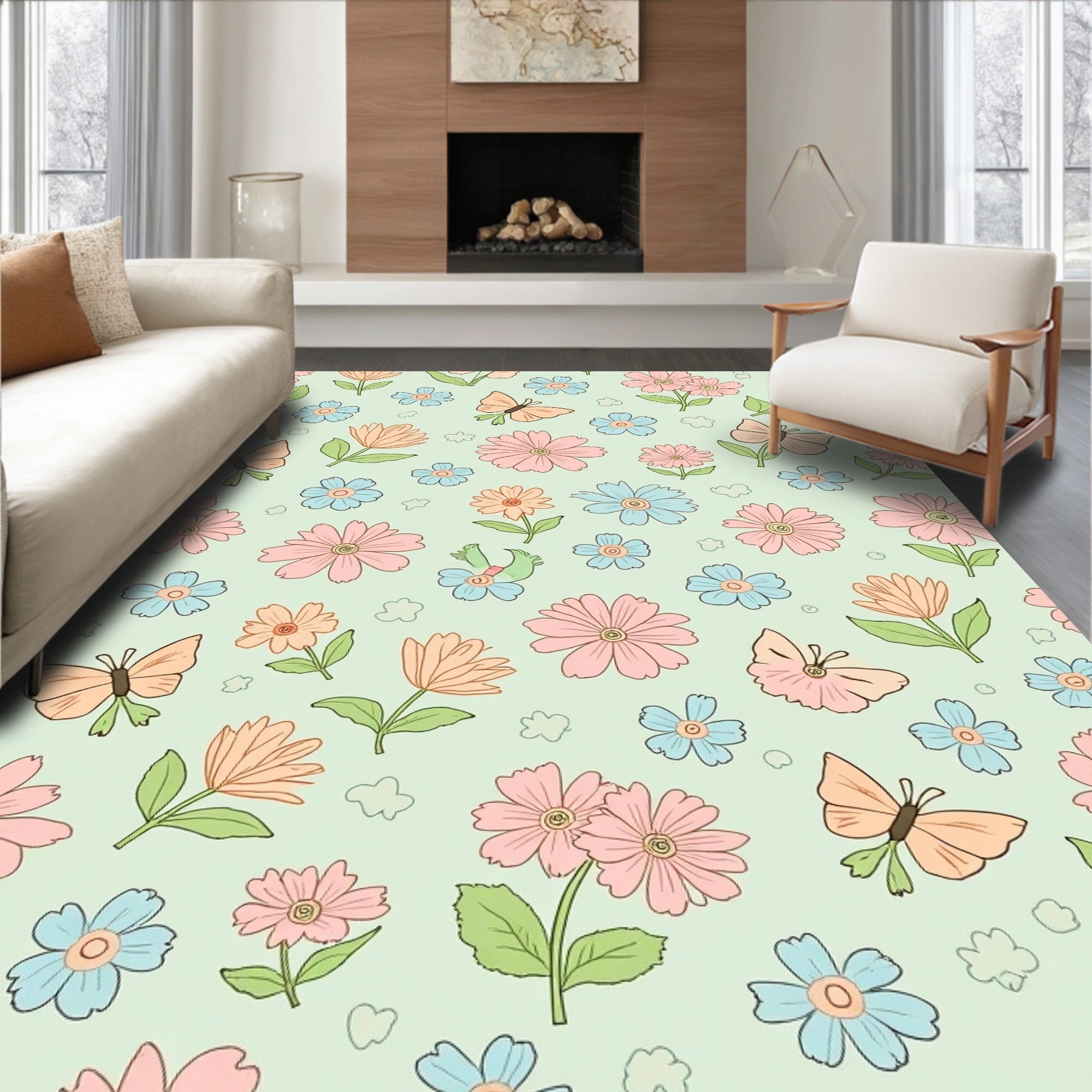 Whimsical Butterfly Blooming Flowers Pattern Rug