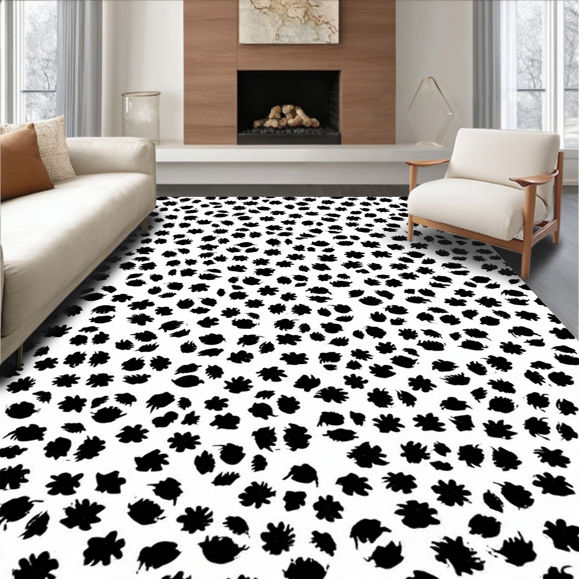 Abstract Black Small Floral Pattern Rug