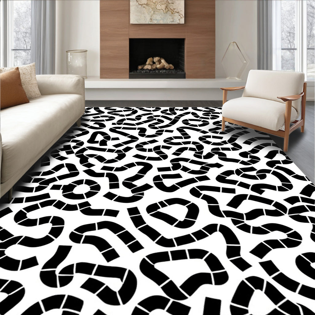 Abstract Black Line Maze Pattern Rug