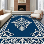 Ornate White Floral Medallion Navy Rug