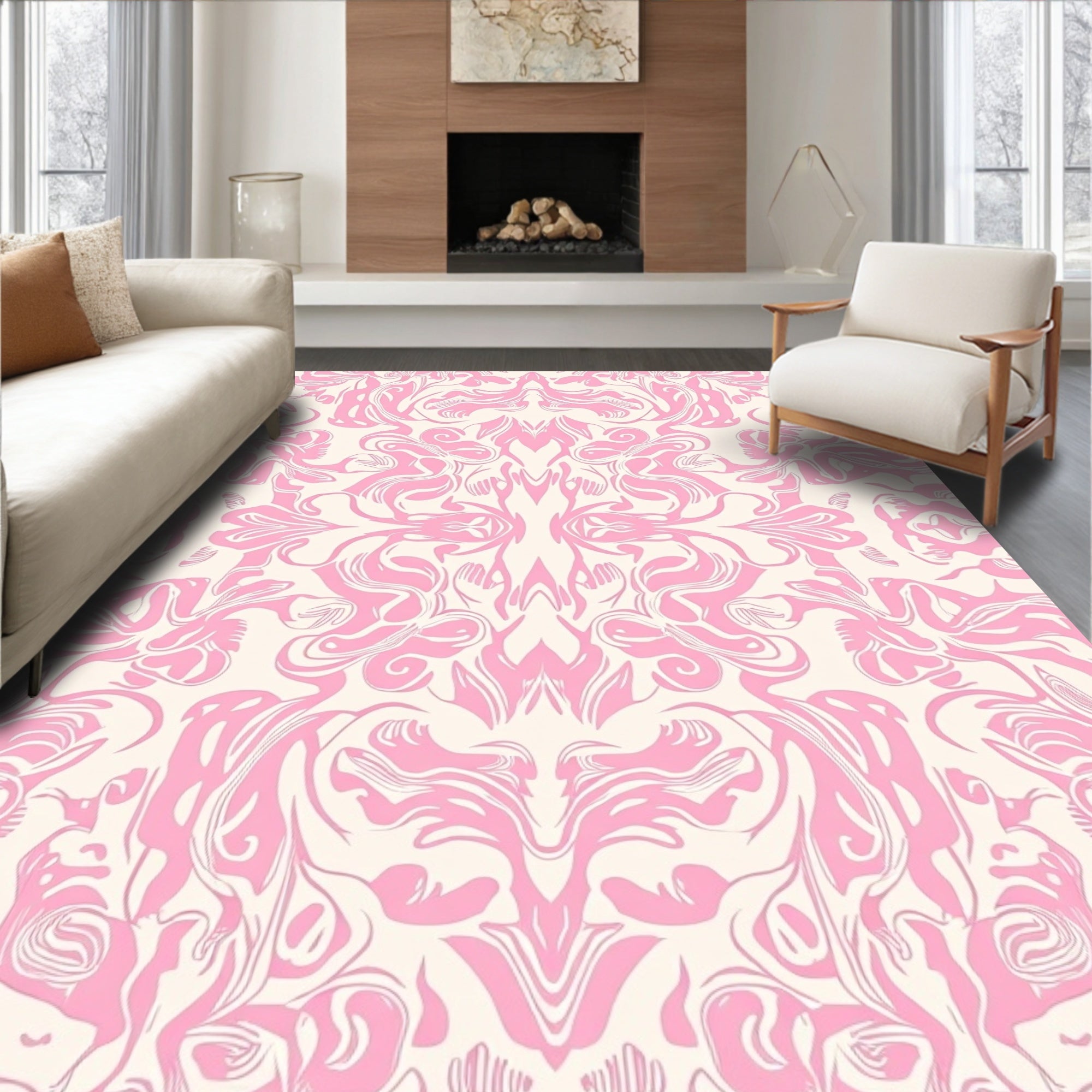 Ethereal Pink Swirl Damask Pattern Rug
