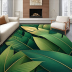 Lush Green Golden Leaf Pattern Rug
