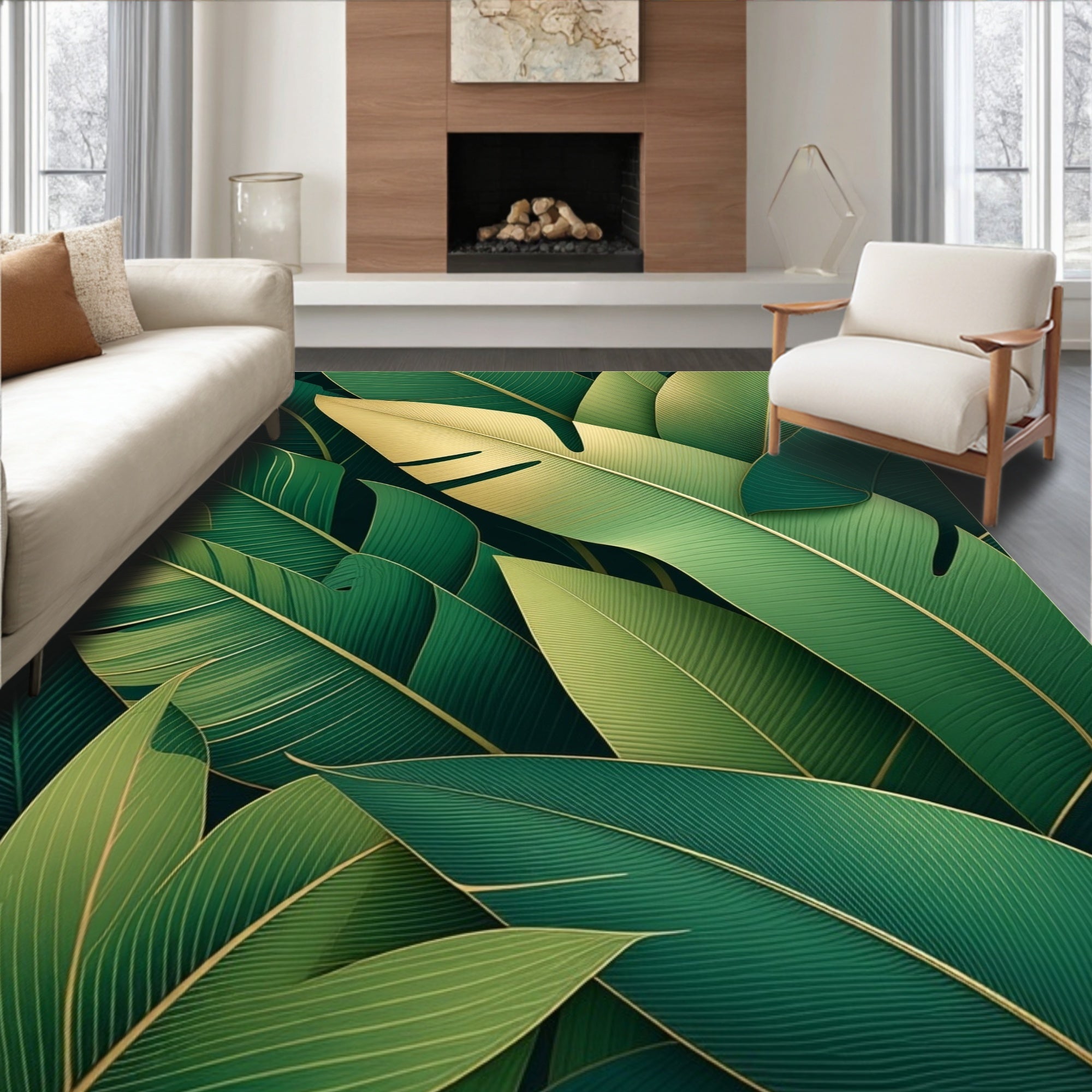 Lush Green Golden Leaf Pattern Rug