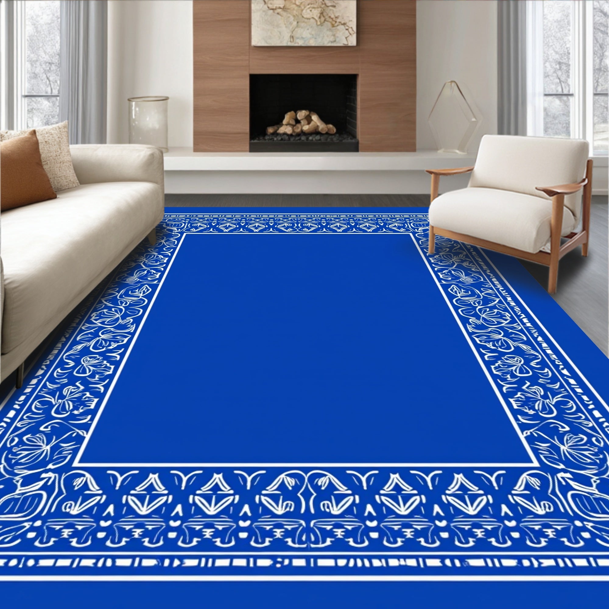 Classic Floral Border With Geometric Accents Rug