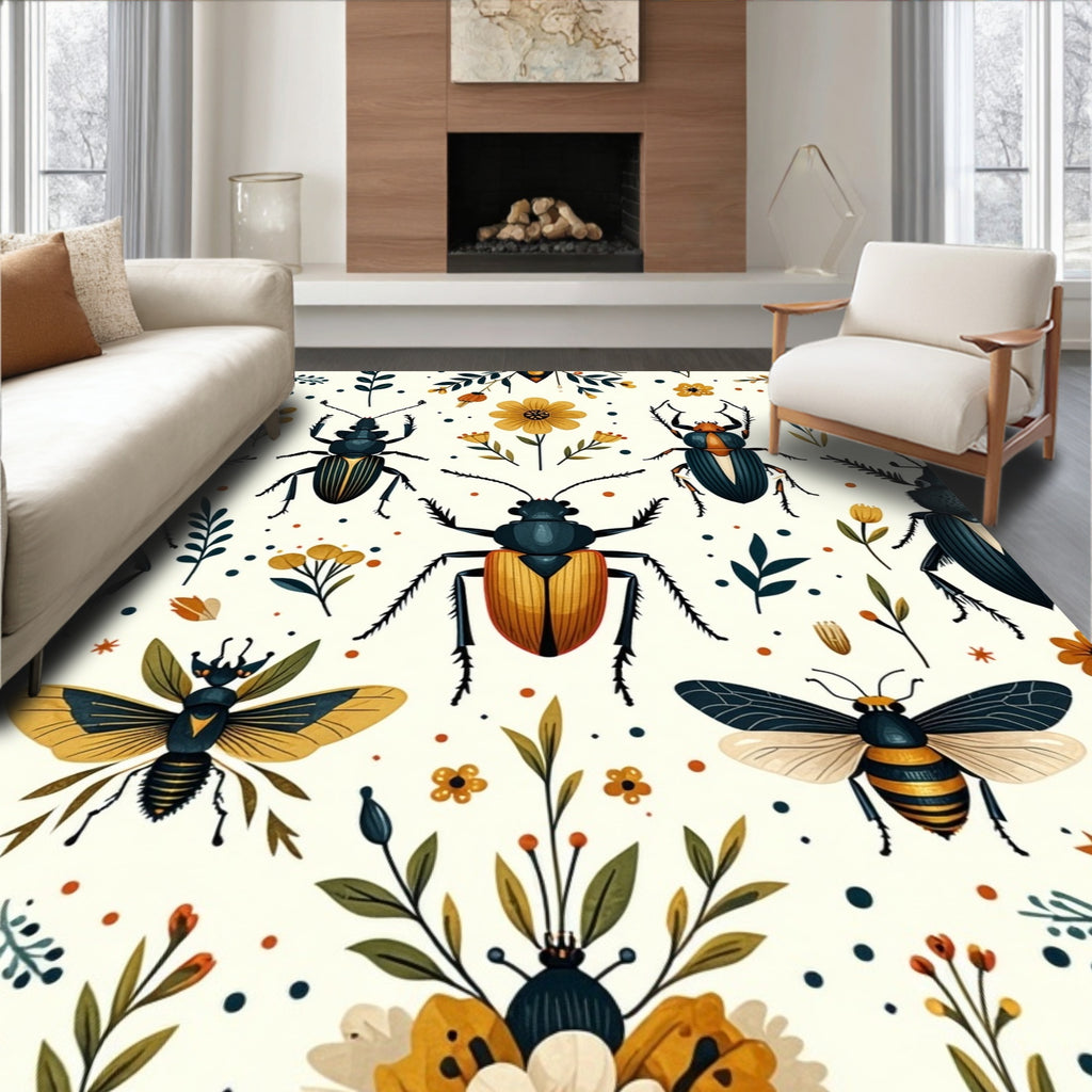Whimsical Insect Floral Pattern Rug