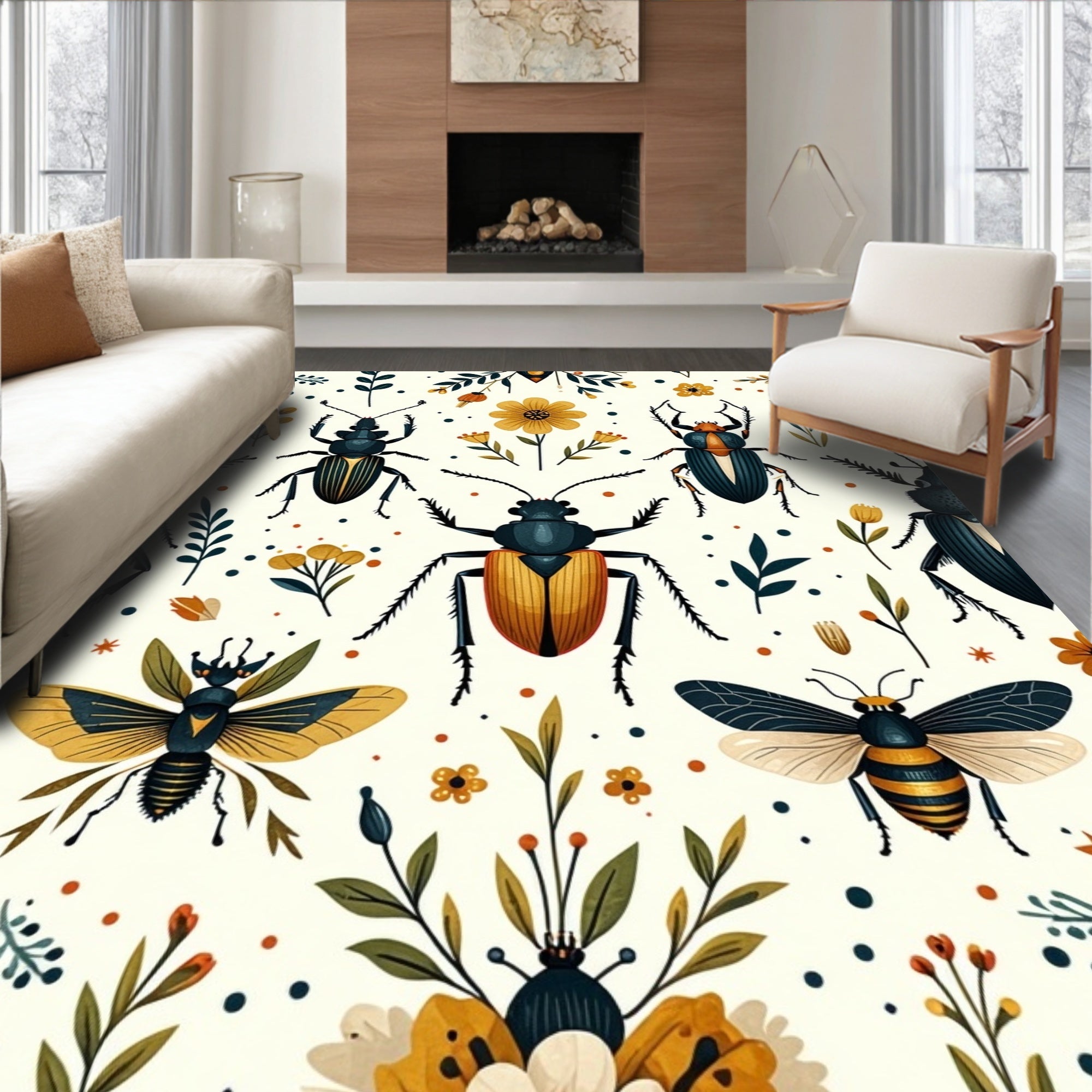 Whimsical Insect Floral Pattern Rug