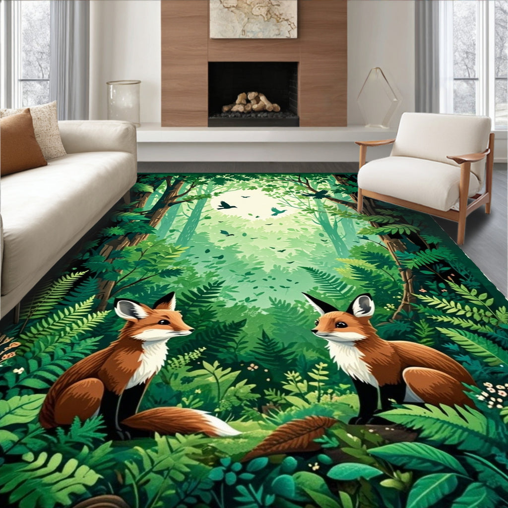 Enchanting Woodland Foxes With Birds Design Rug