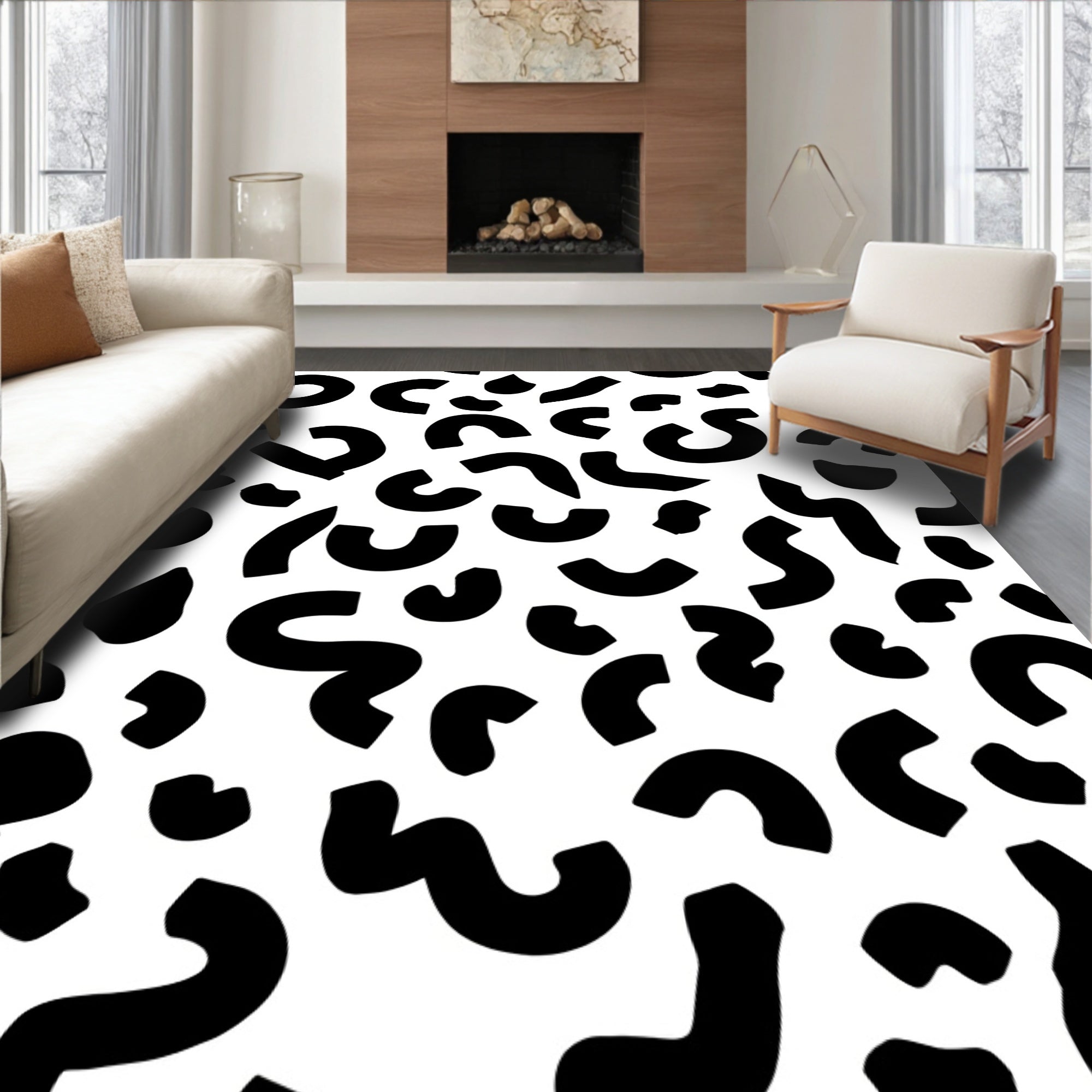 Abstract Black White Curvy Pattern Rug
