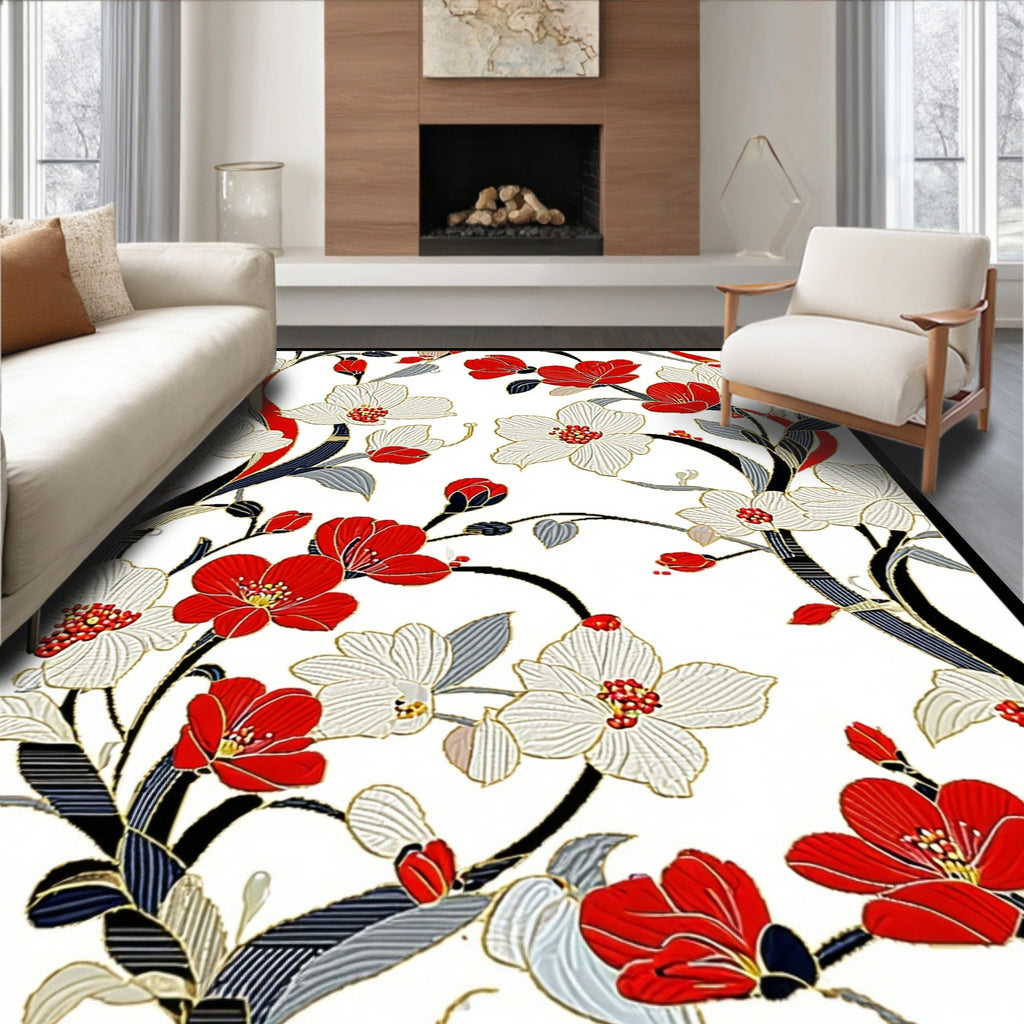 Red White Floral Branch Pattern Rug
