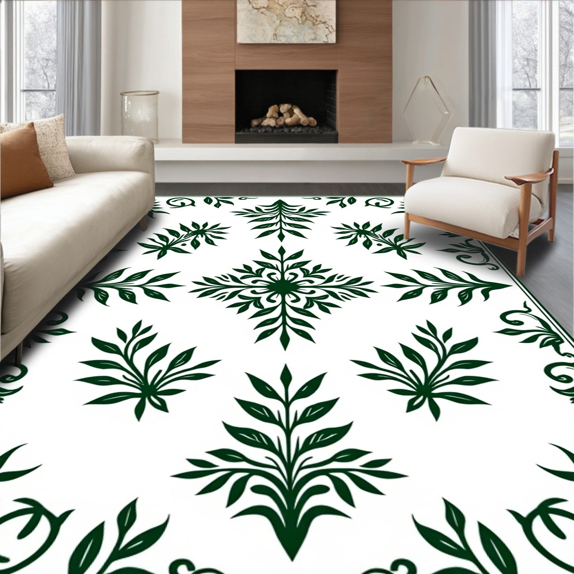 Dark Green Floral Symmetry Rug