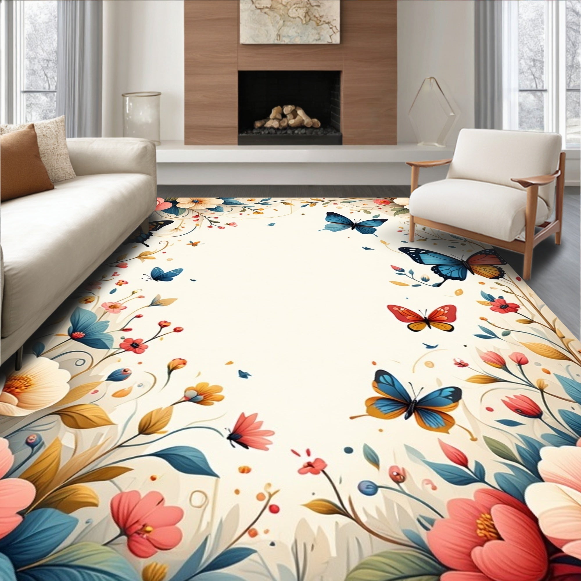 Whimsical Floral Butterfly Garden Design Rug