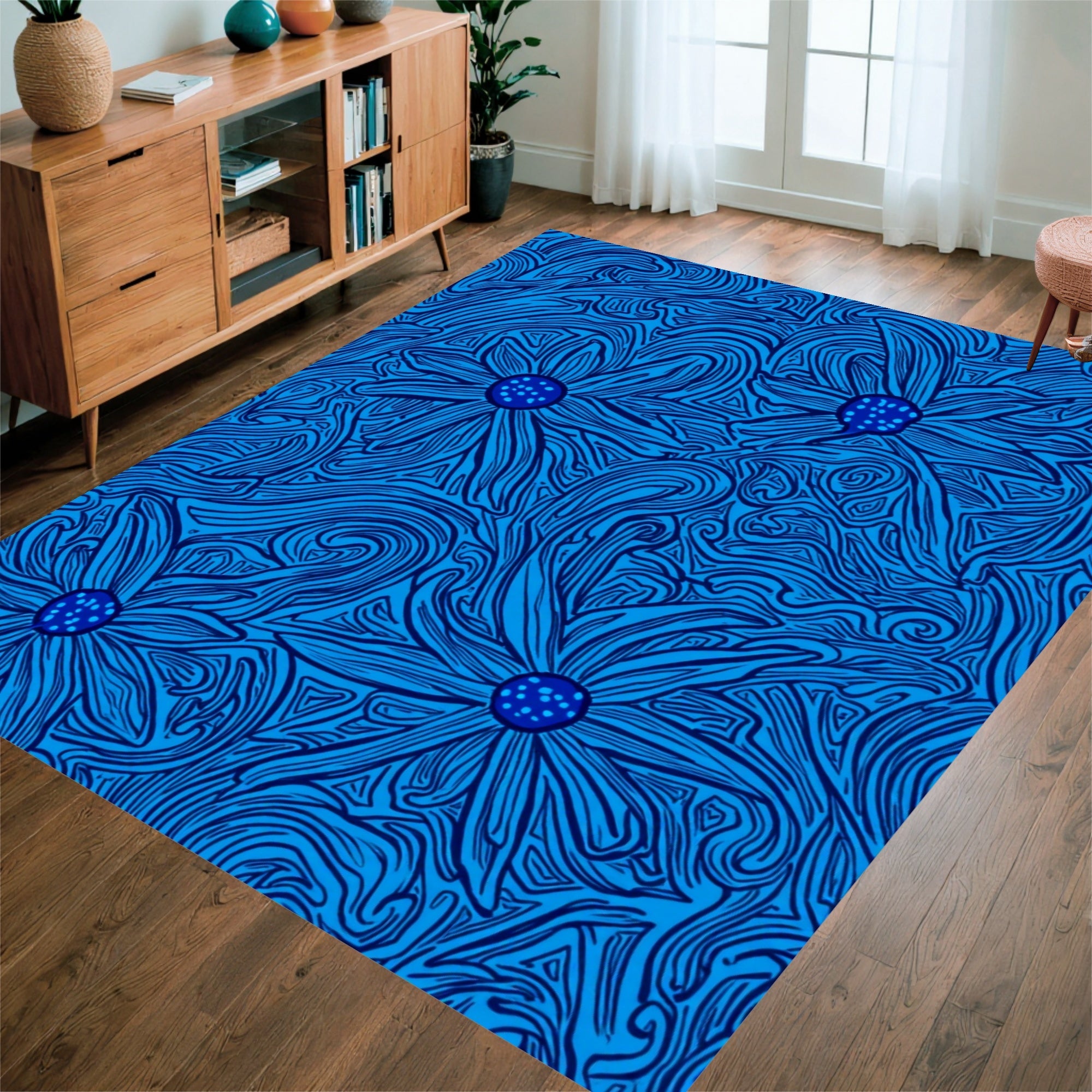 Floral Swirls Abstract Blue Pattern Rug