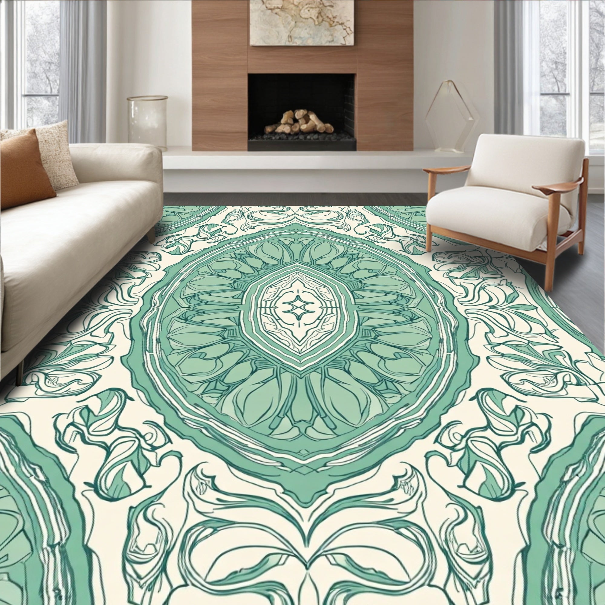 Vintage Green Floral Symmetry Rug