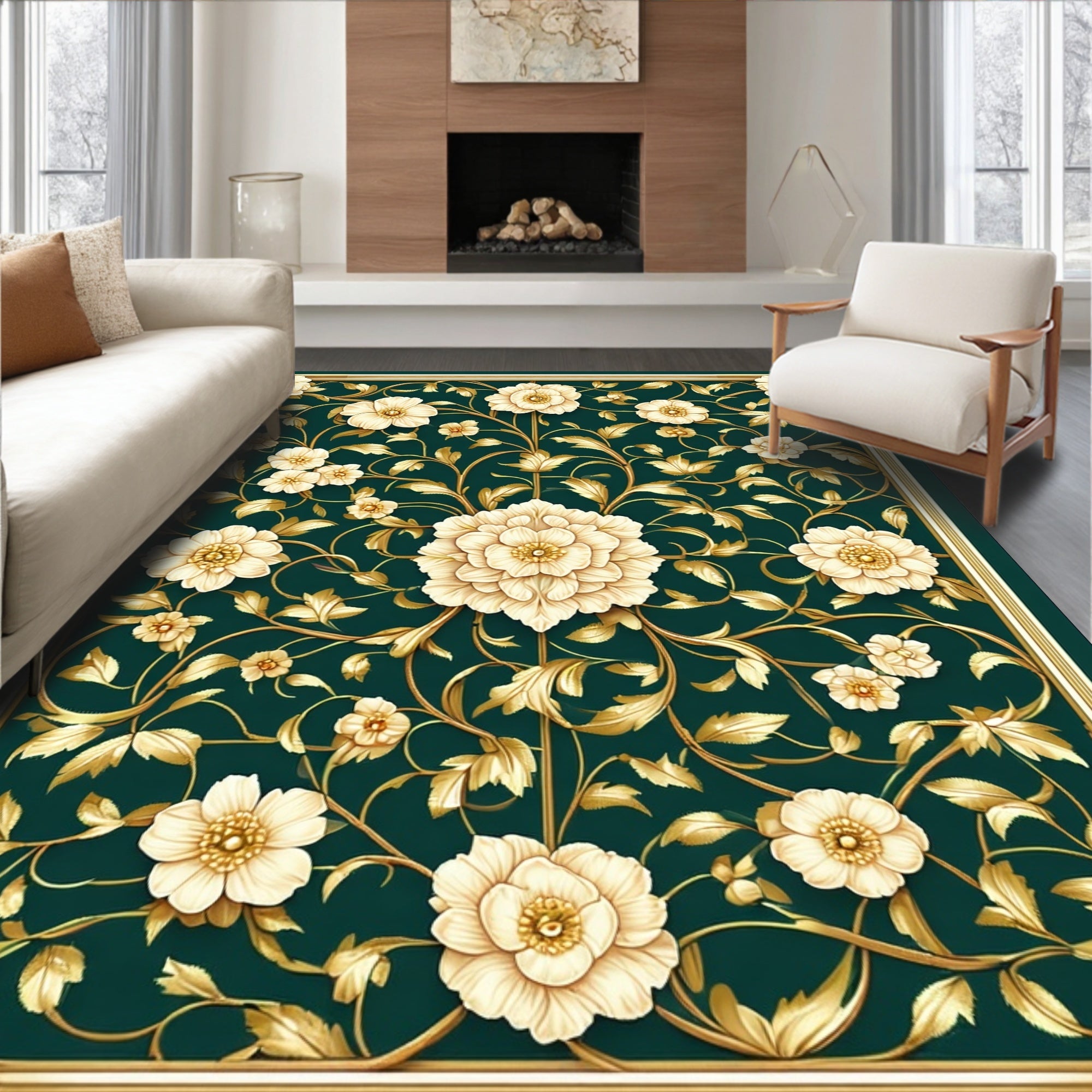 Elegant Floral Gold Leaf Pattern Rug