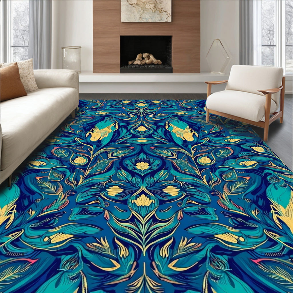 Deep Blue Exotic Floral Pattern Rug