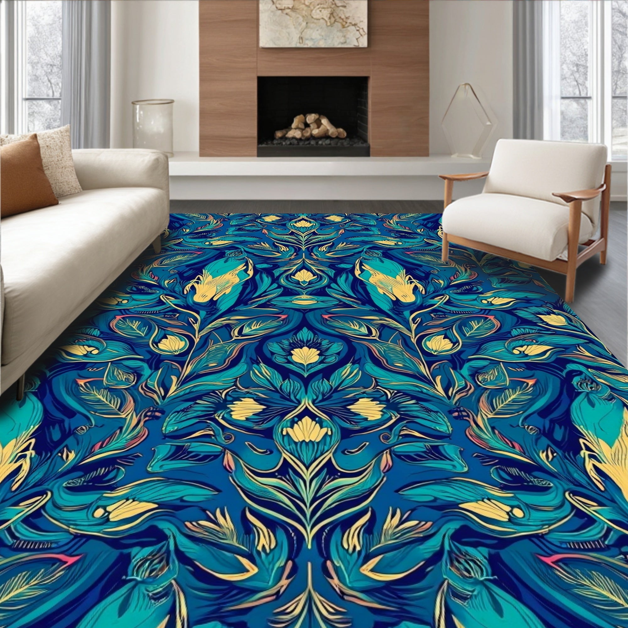Deep Blue Exotic Floral Pattern Rug