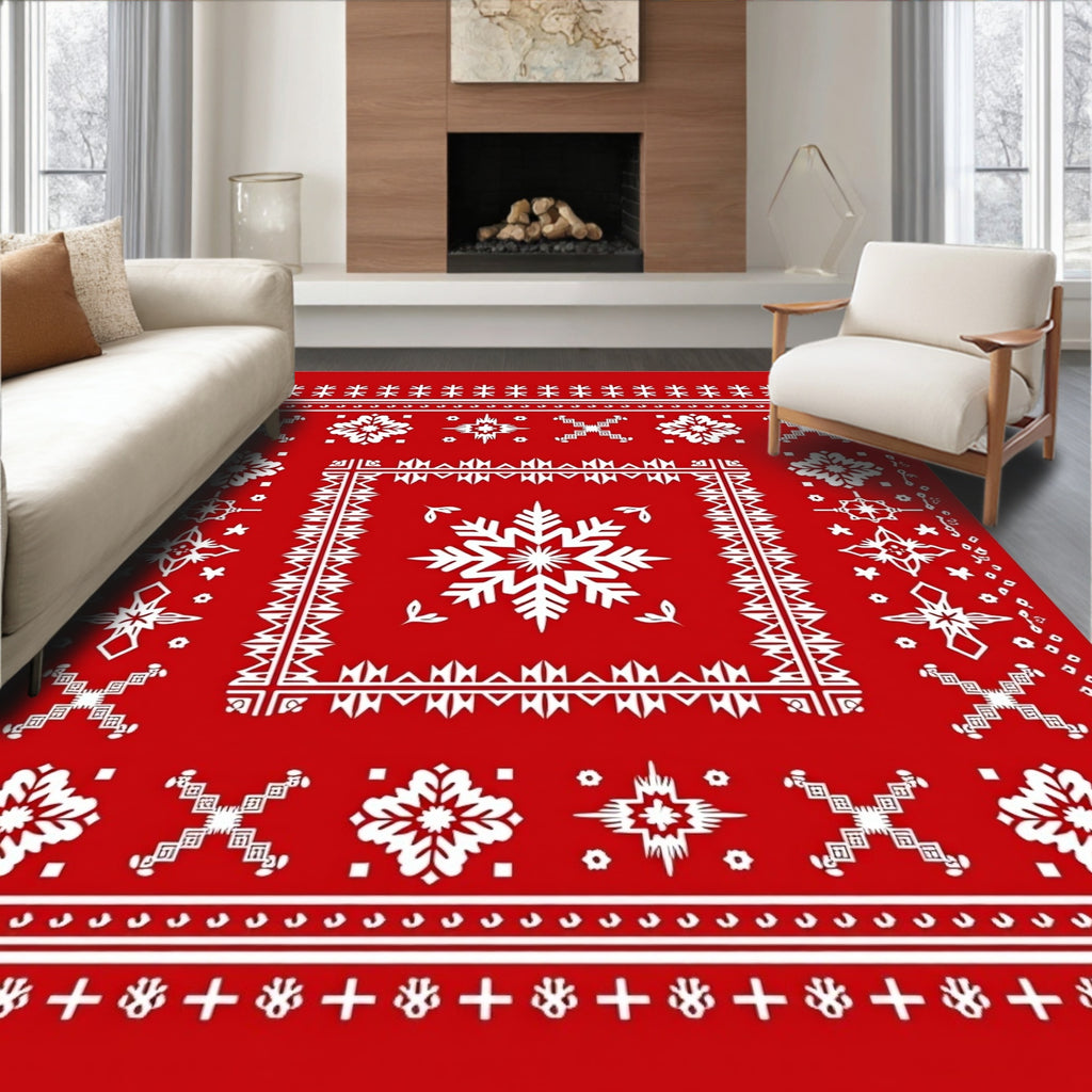 Crimson White Nordic Snowflake Medallions Rug