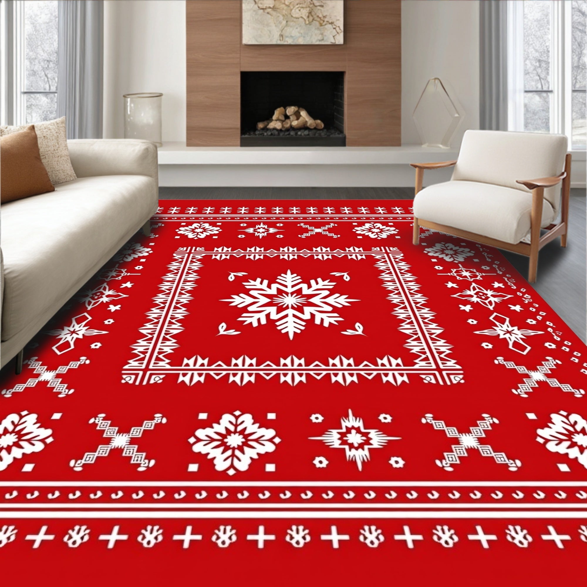 Crimson White Nordic Snowflake Medallions Rug
