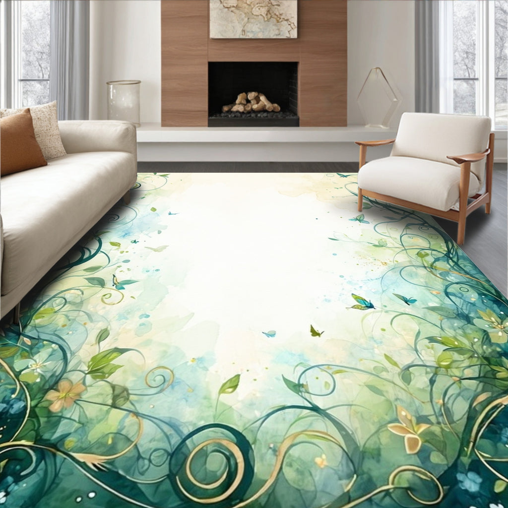 Whimsical Floral Vines Butterflies Rug