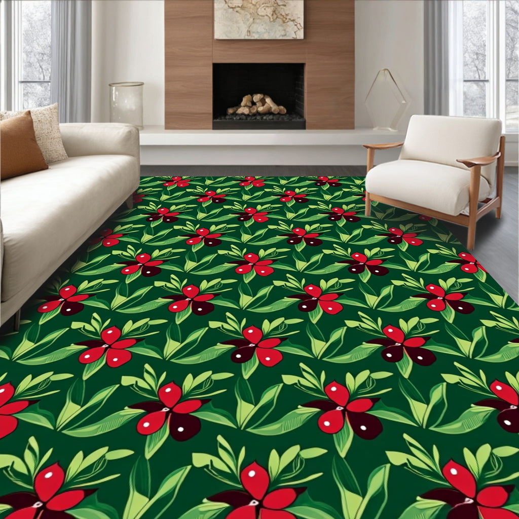 Deep Green Red Floral Repeat Rug