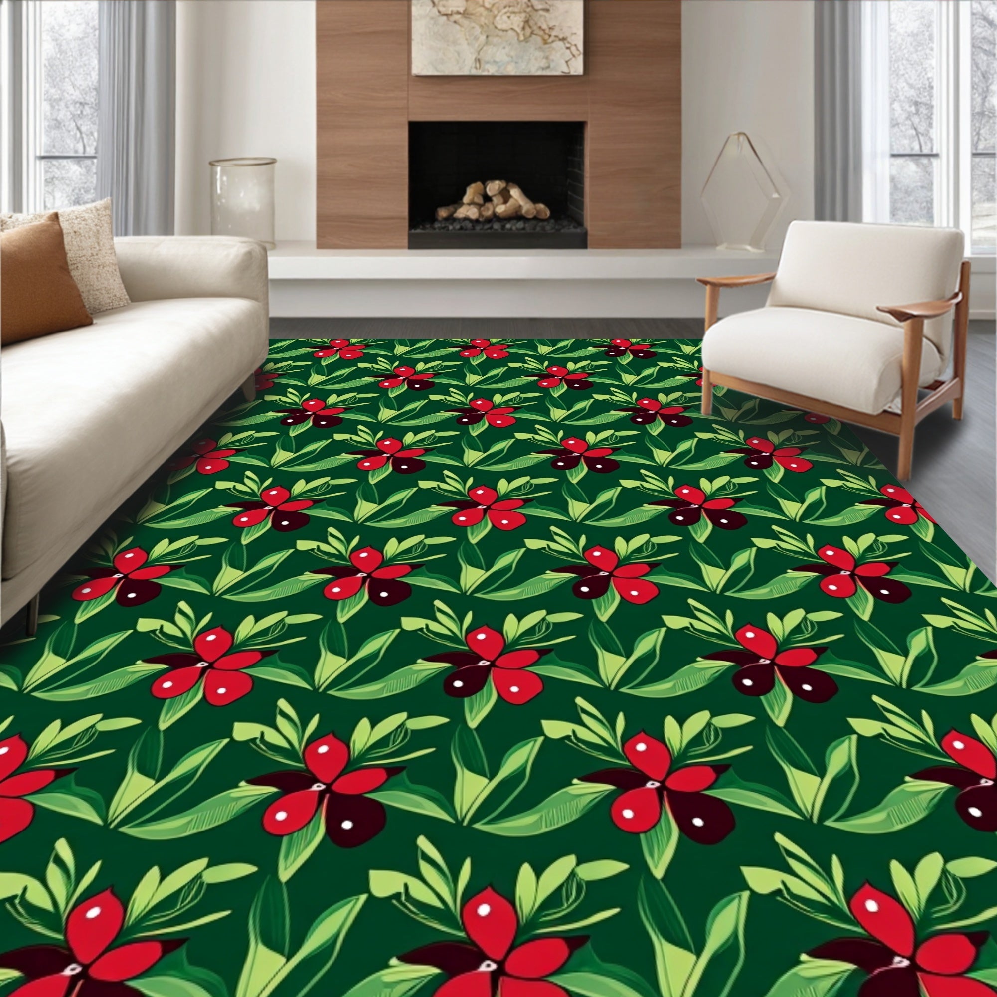 Deep Green Red Floral Repeat Rug