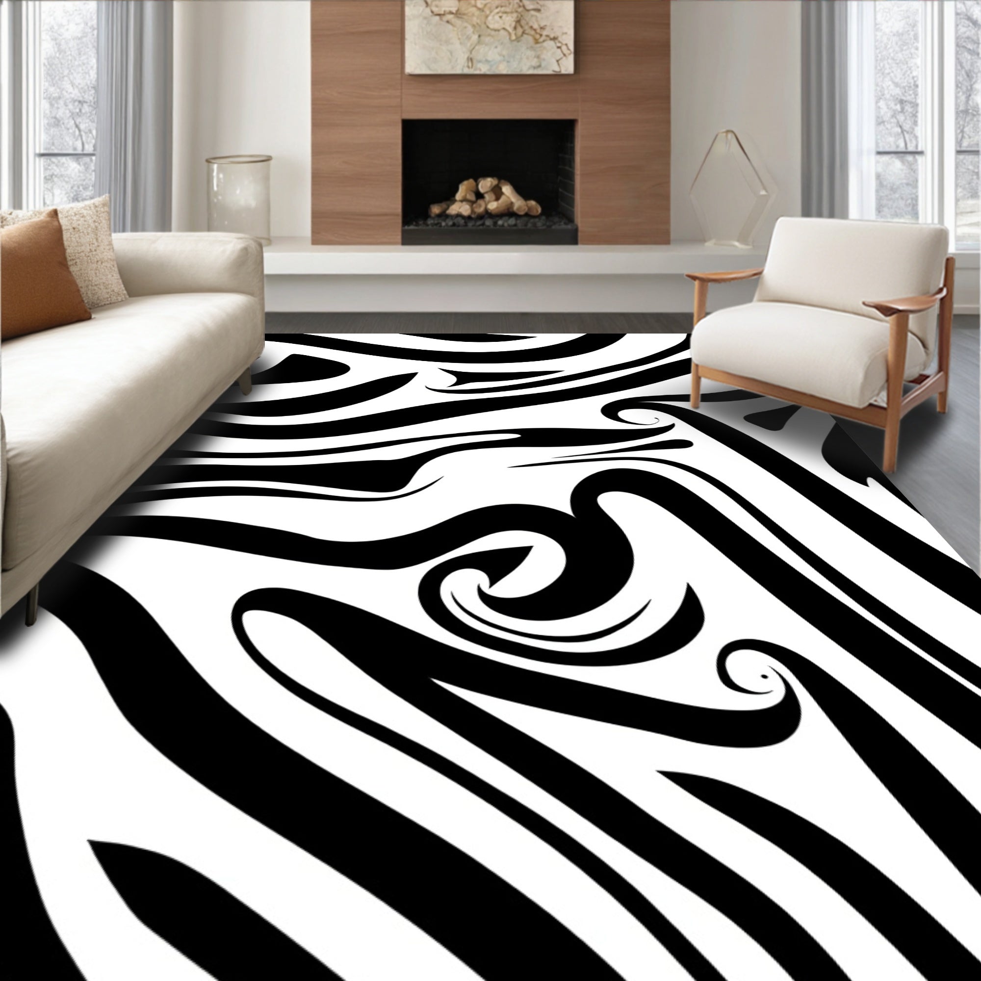 Abstract Black Swirl Stripes Rug