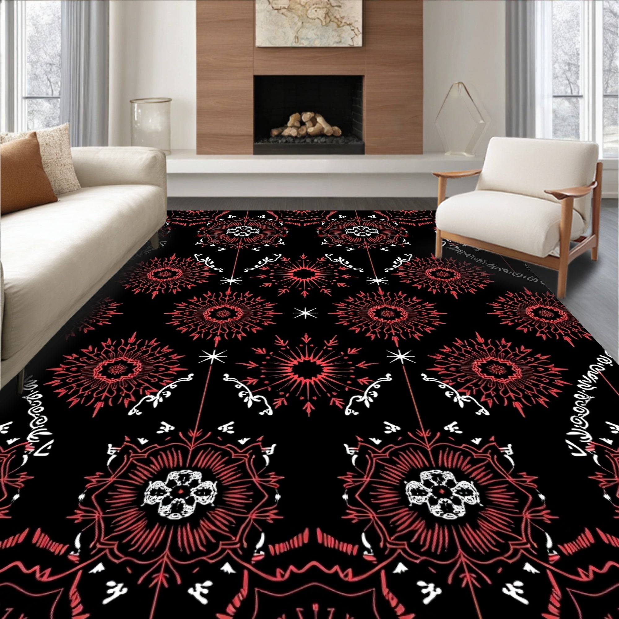 Coral Snowflake Medallion Black Rug