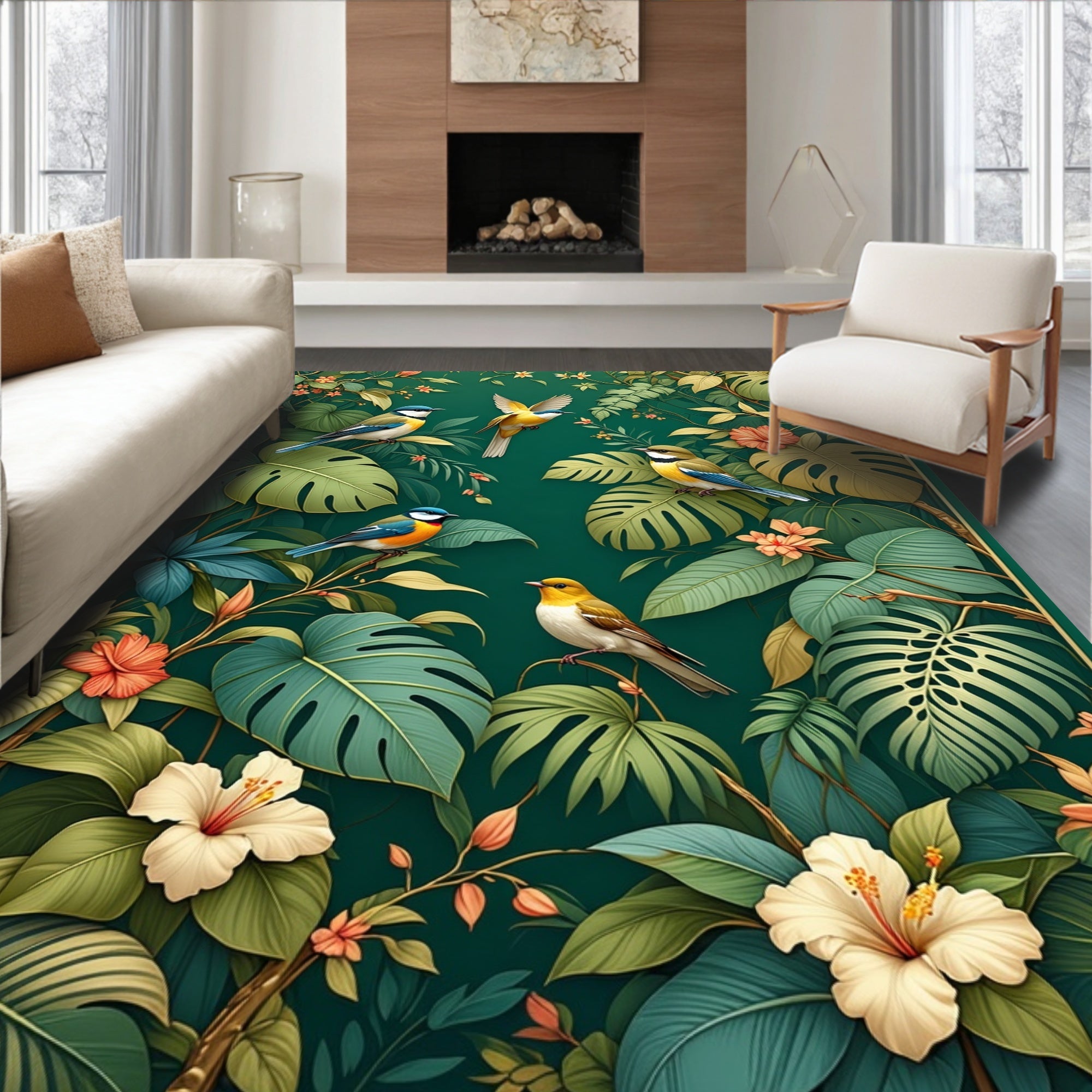 Enchanting Tropical Bird Floral Design Rug