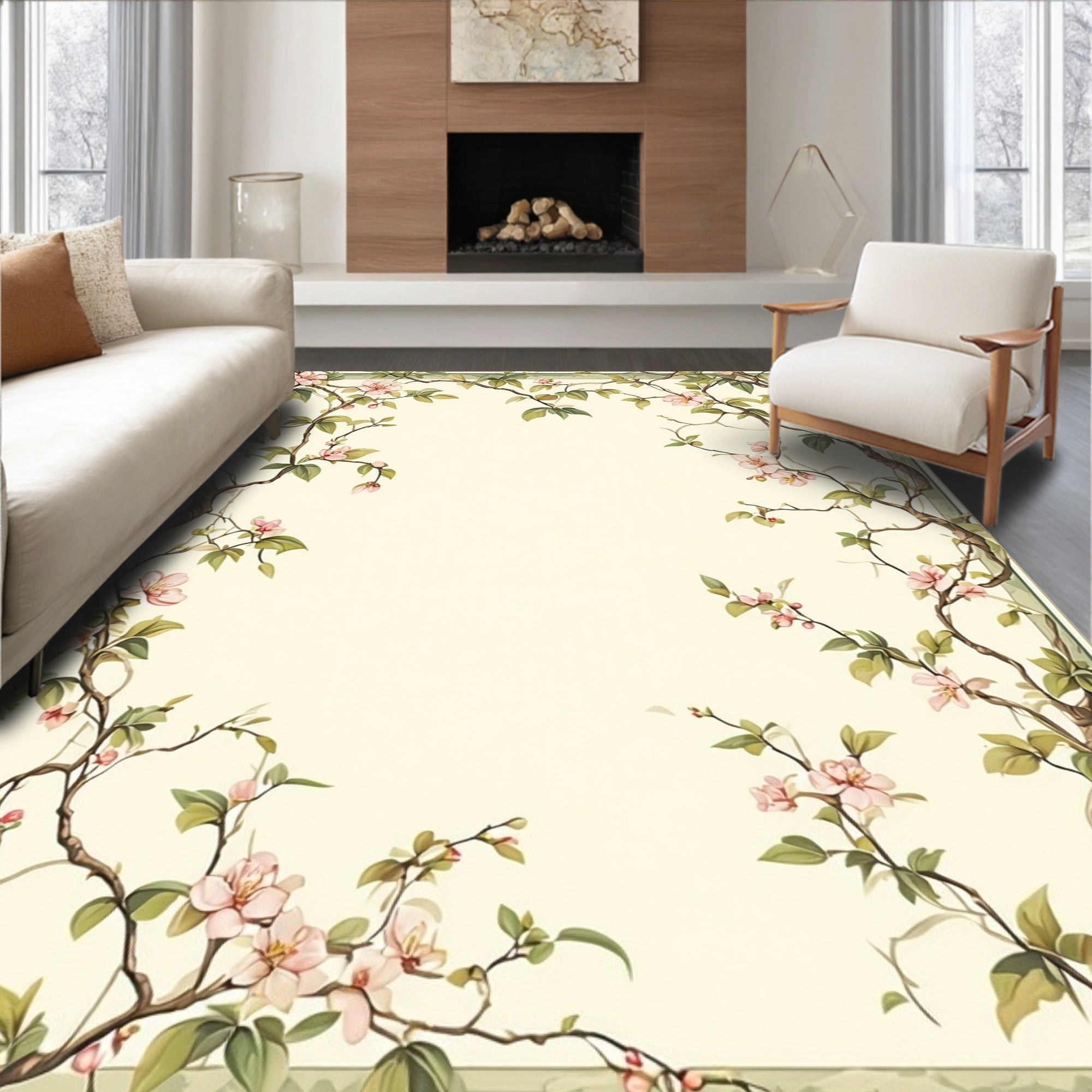 Whimsical Pink Blossom Branch Pattern Rug