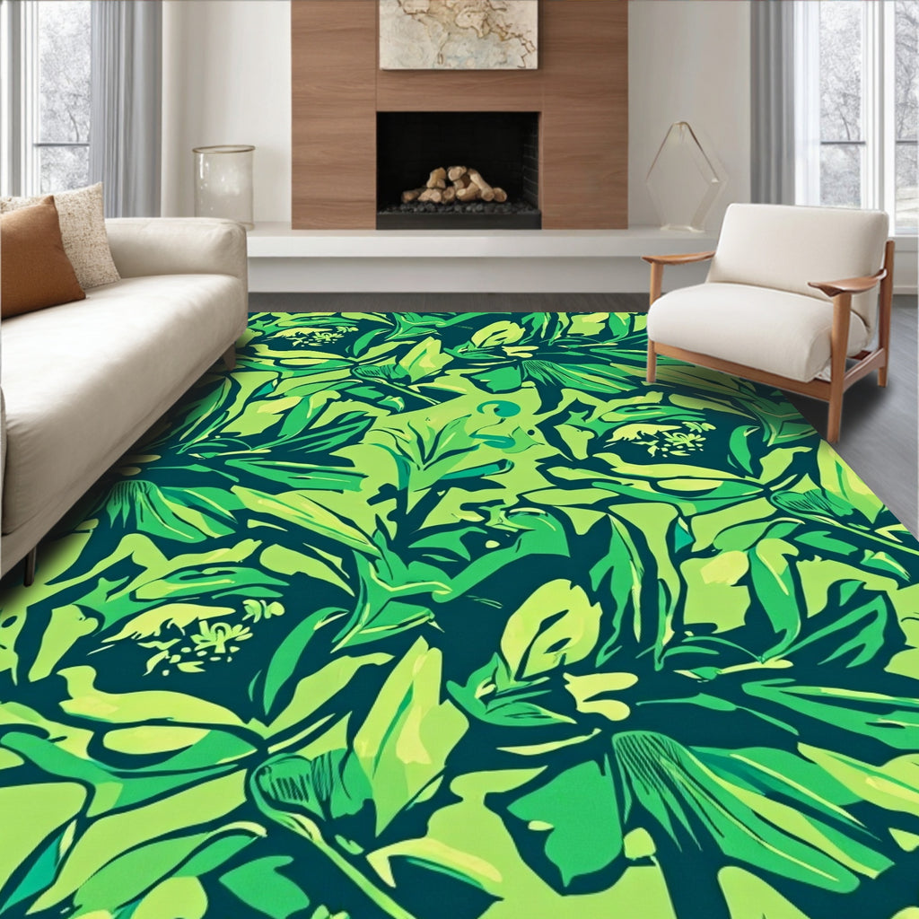 Lush Green Tropical Floral Design Rug