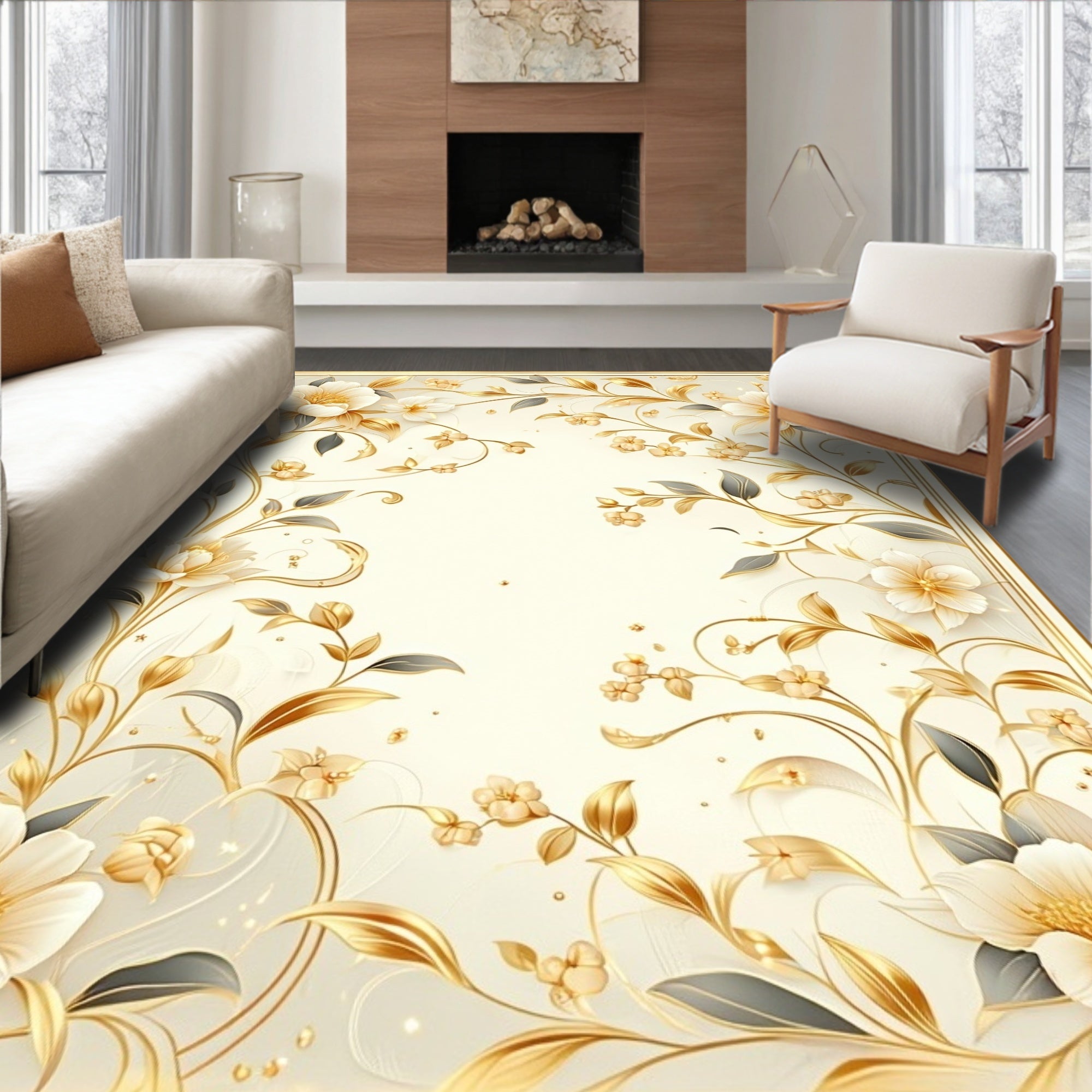 Elegant Floral Vine Gold Accent Rug