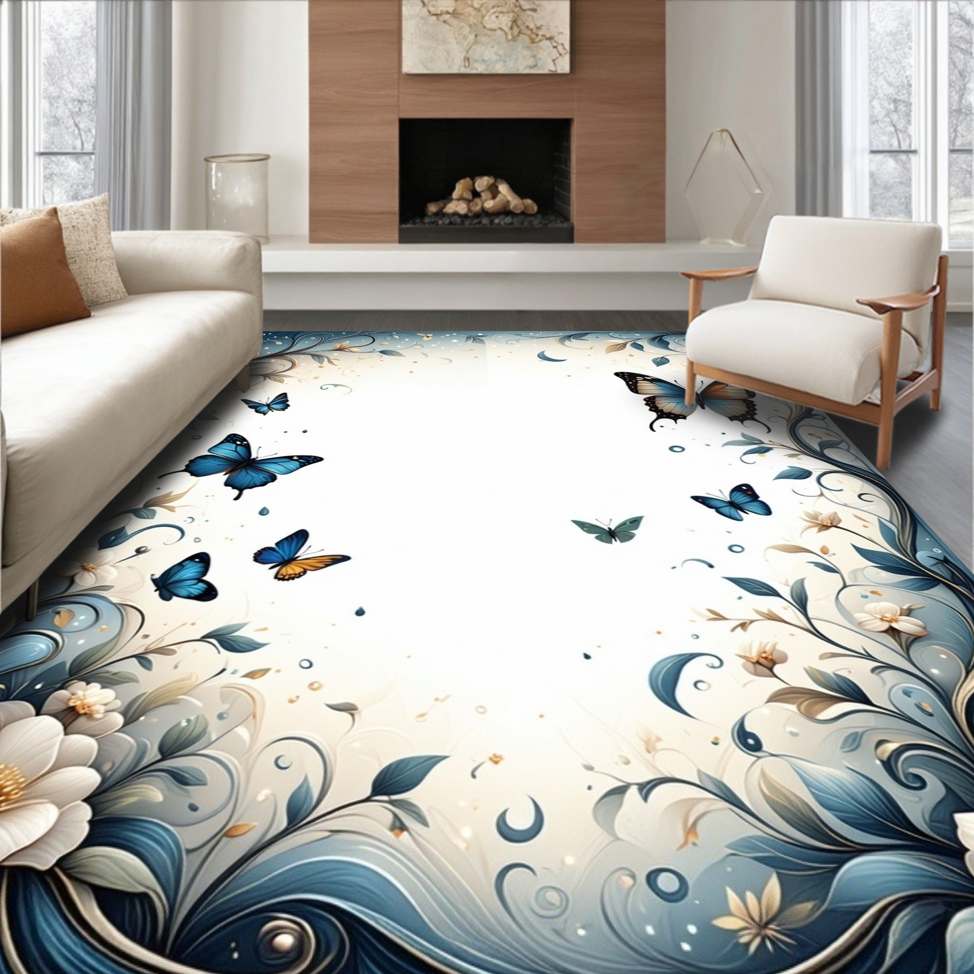 Enchanted Butterfly Floral Vine Pattern Rug