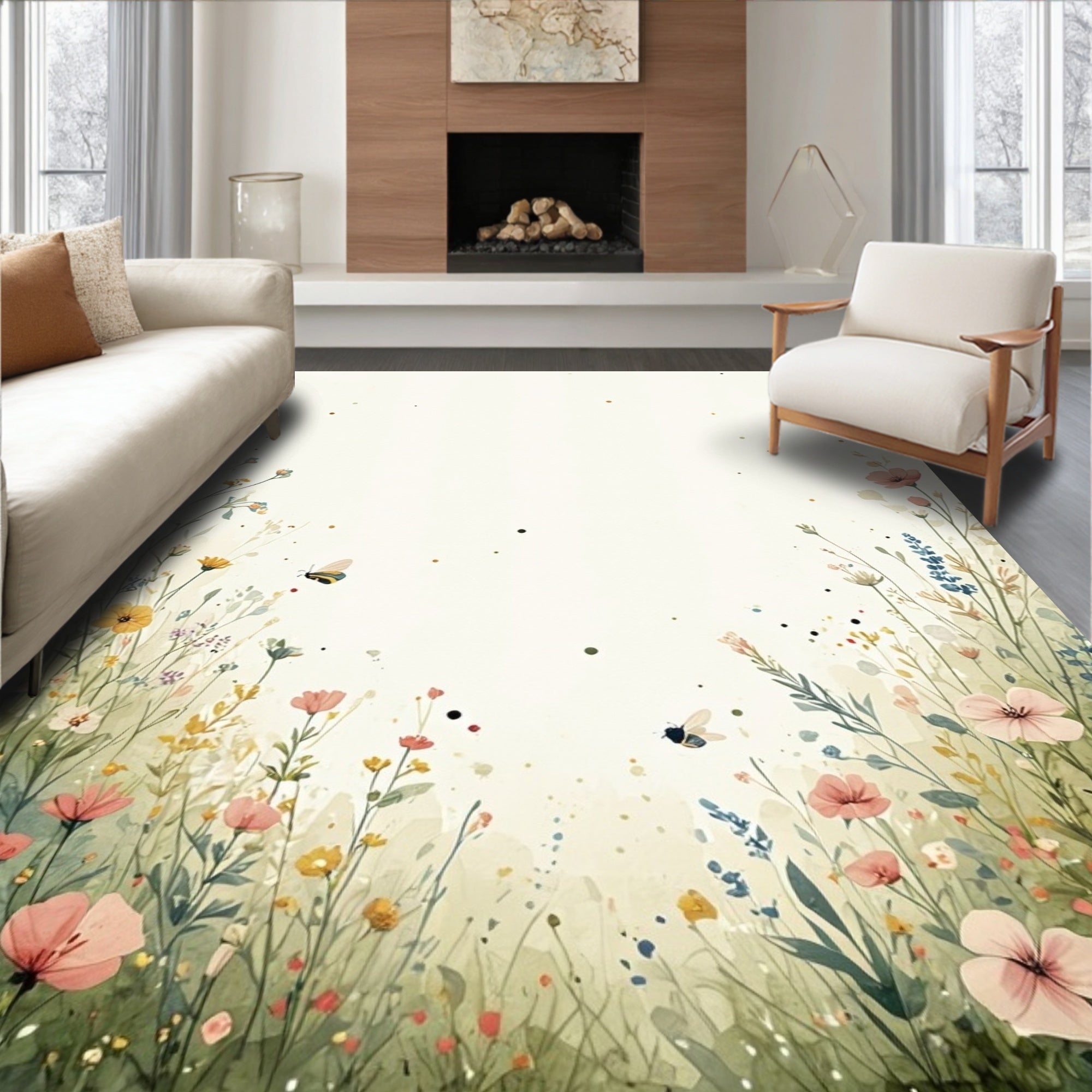 Watercolor Meadow with Butterflies and Bees Rug
