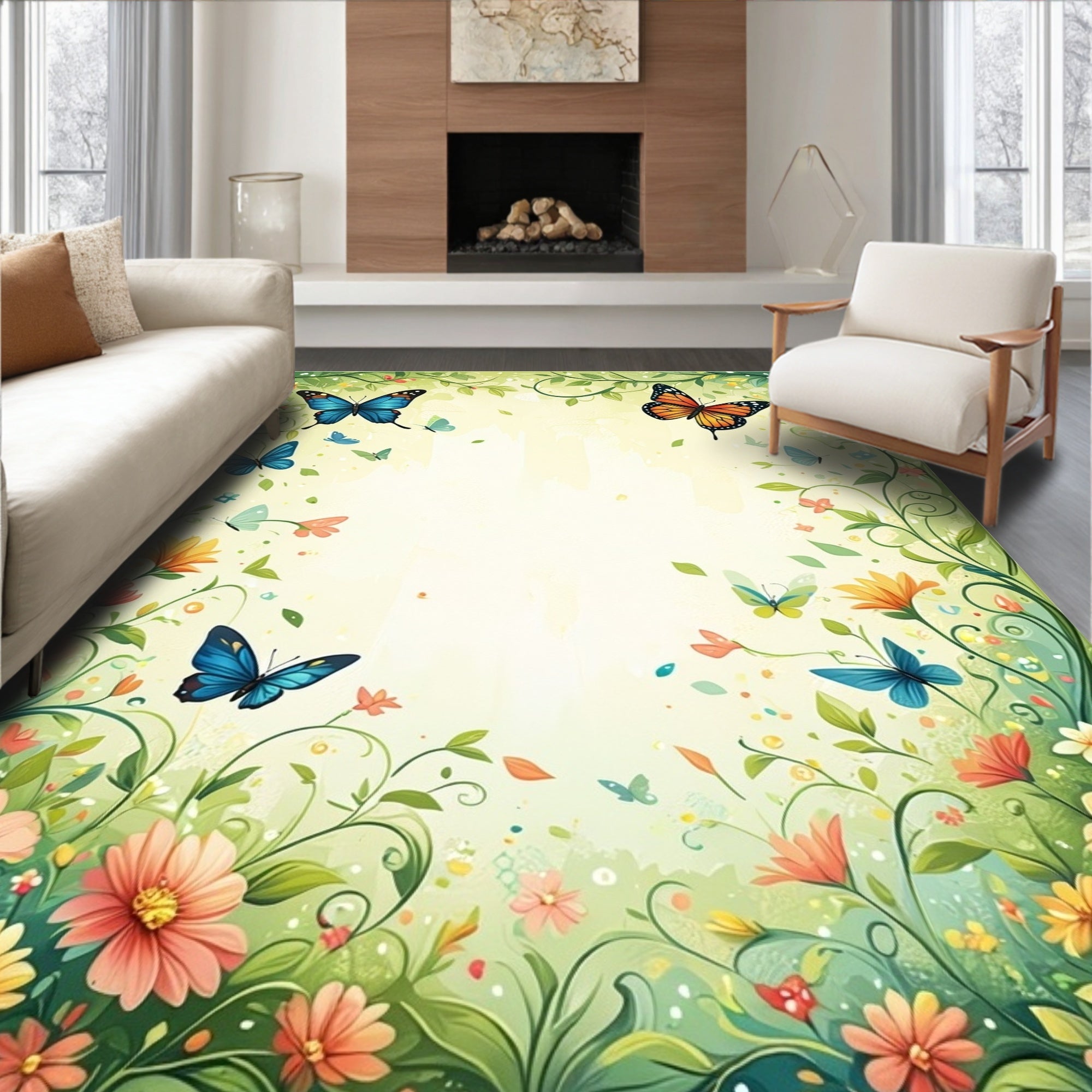 Garden Butterflies and Blooming Flowers Rug