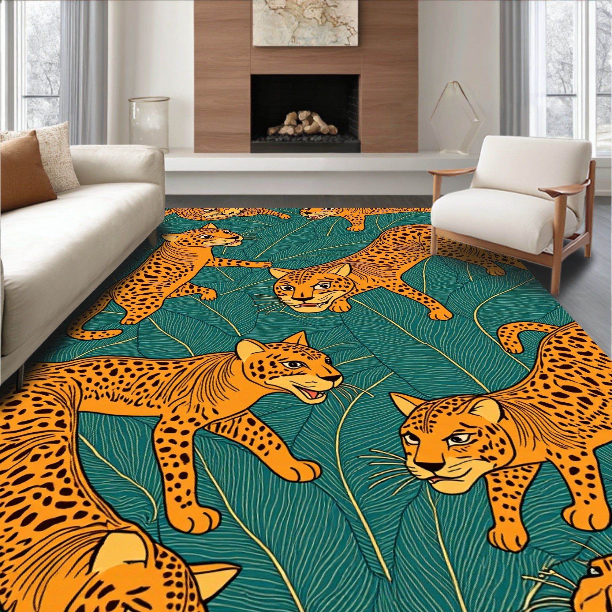 Vibrant Jungle Leopard Print Design Rug