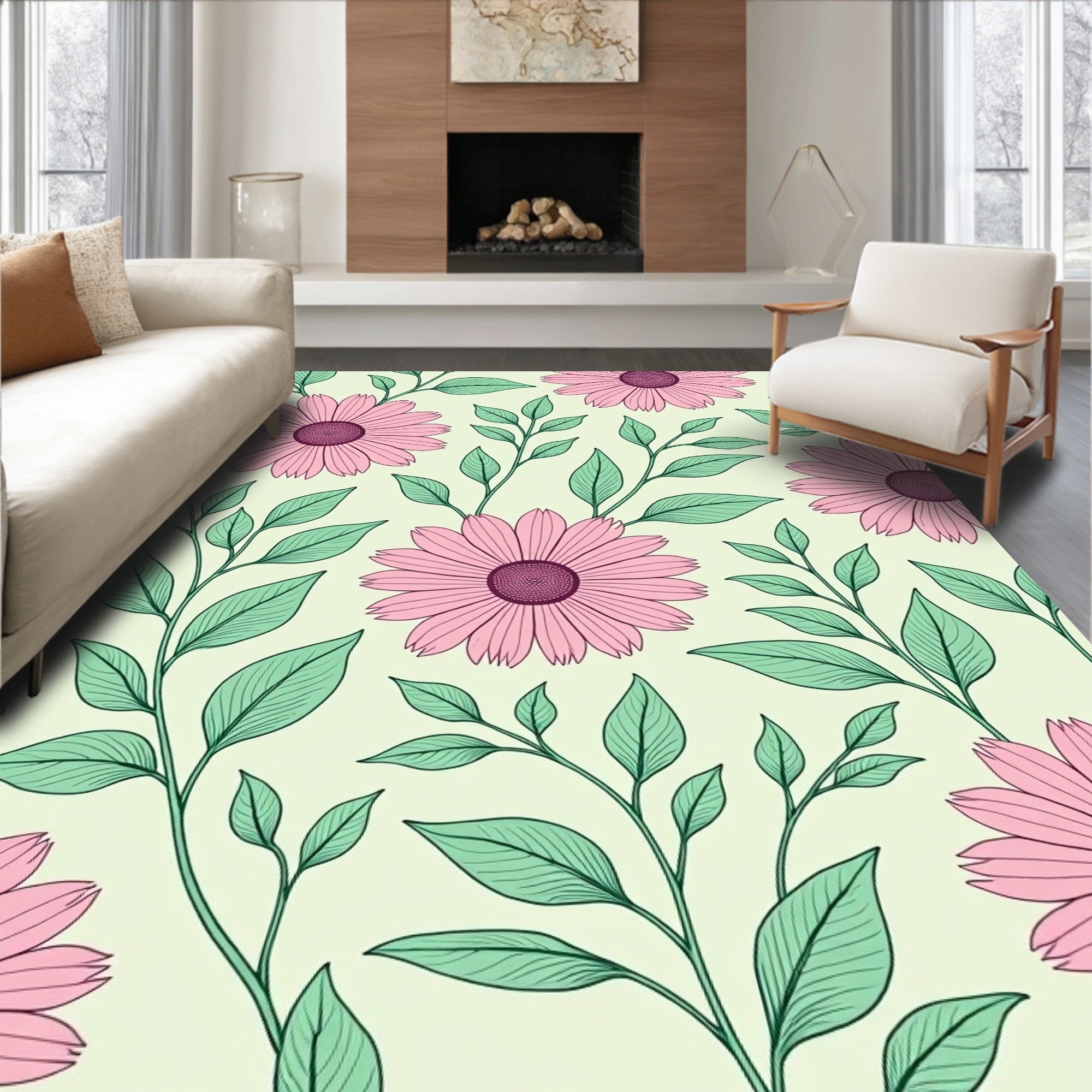 Pink Daisy Floral Pattern Rug
