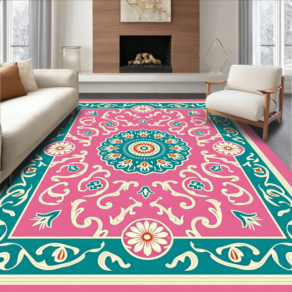 Mandala Floral Pink Teal Pattern Rug