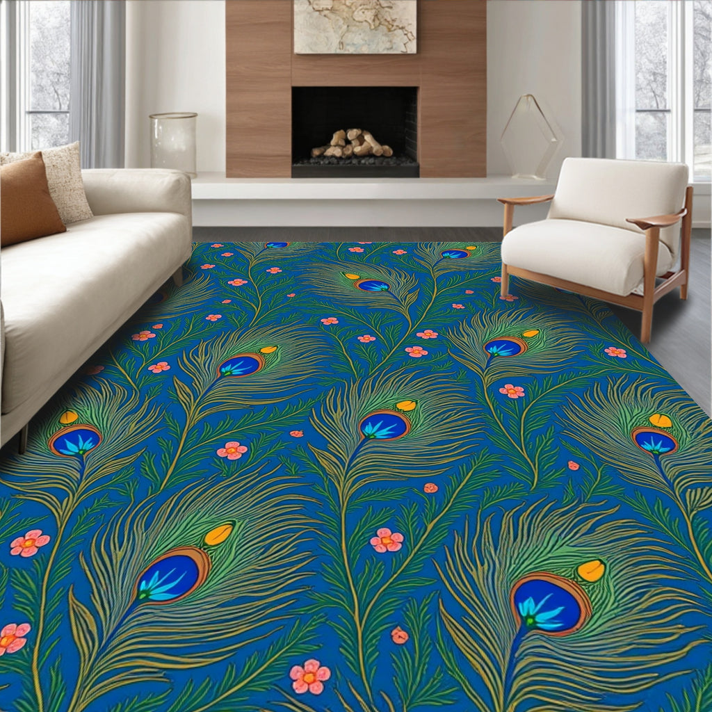 Vibrant Peacock Feather Floral Design Rug