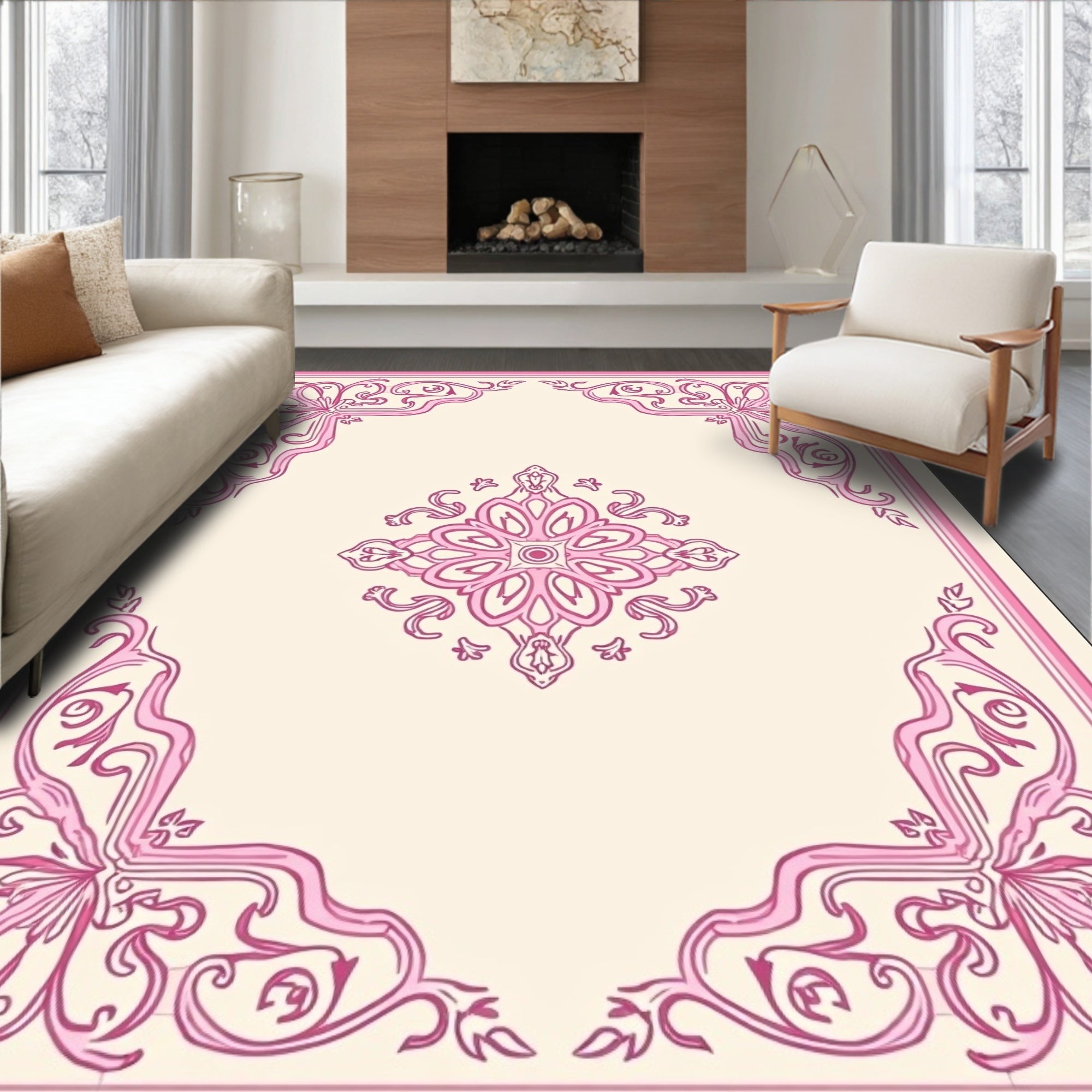 Ornate Pink Floral Scroll Rug