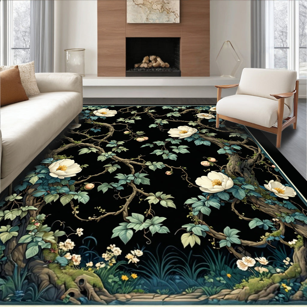 White Magnolia Vine Pattern Rug