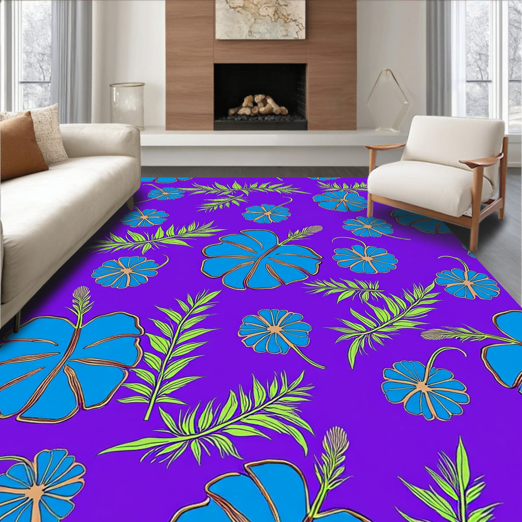 Bold Blue Floral Tropical Pattern Rug