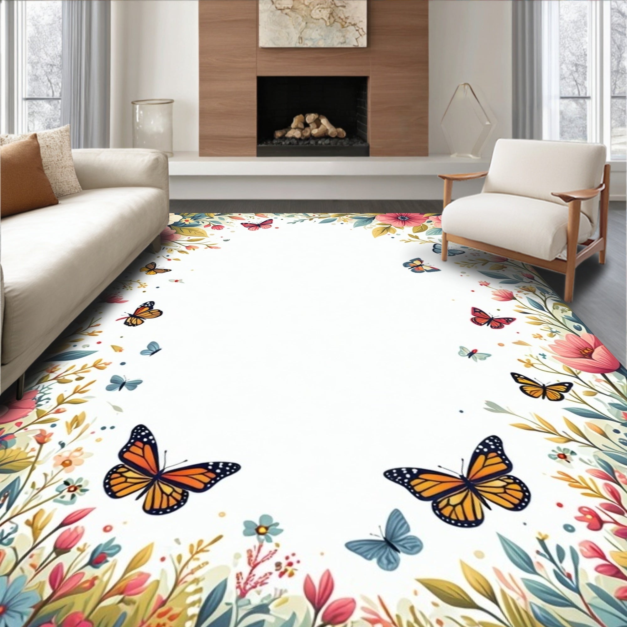 Floral Butterflies and Blooms Pattern Rug