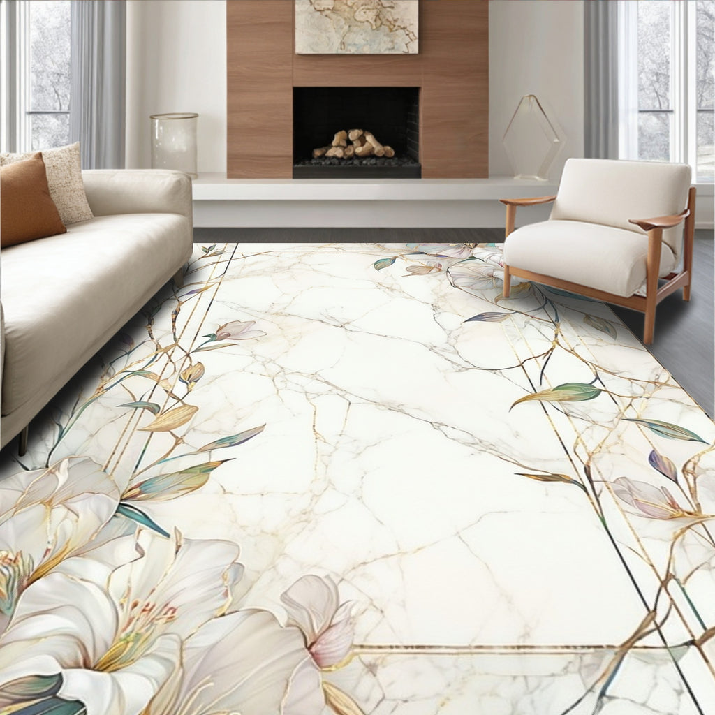 Floral Botanical Marble Inspired Art Rug