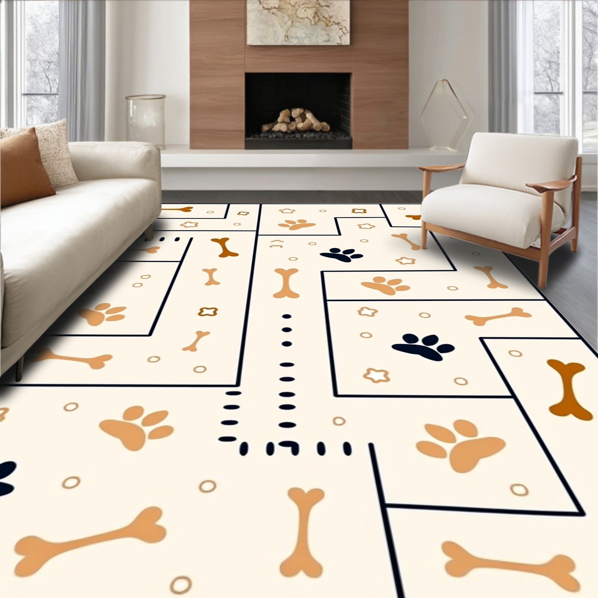 Cream Paw And Bone Maze Rug