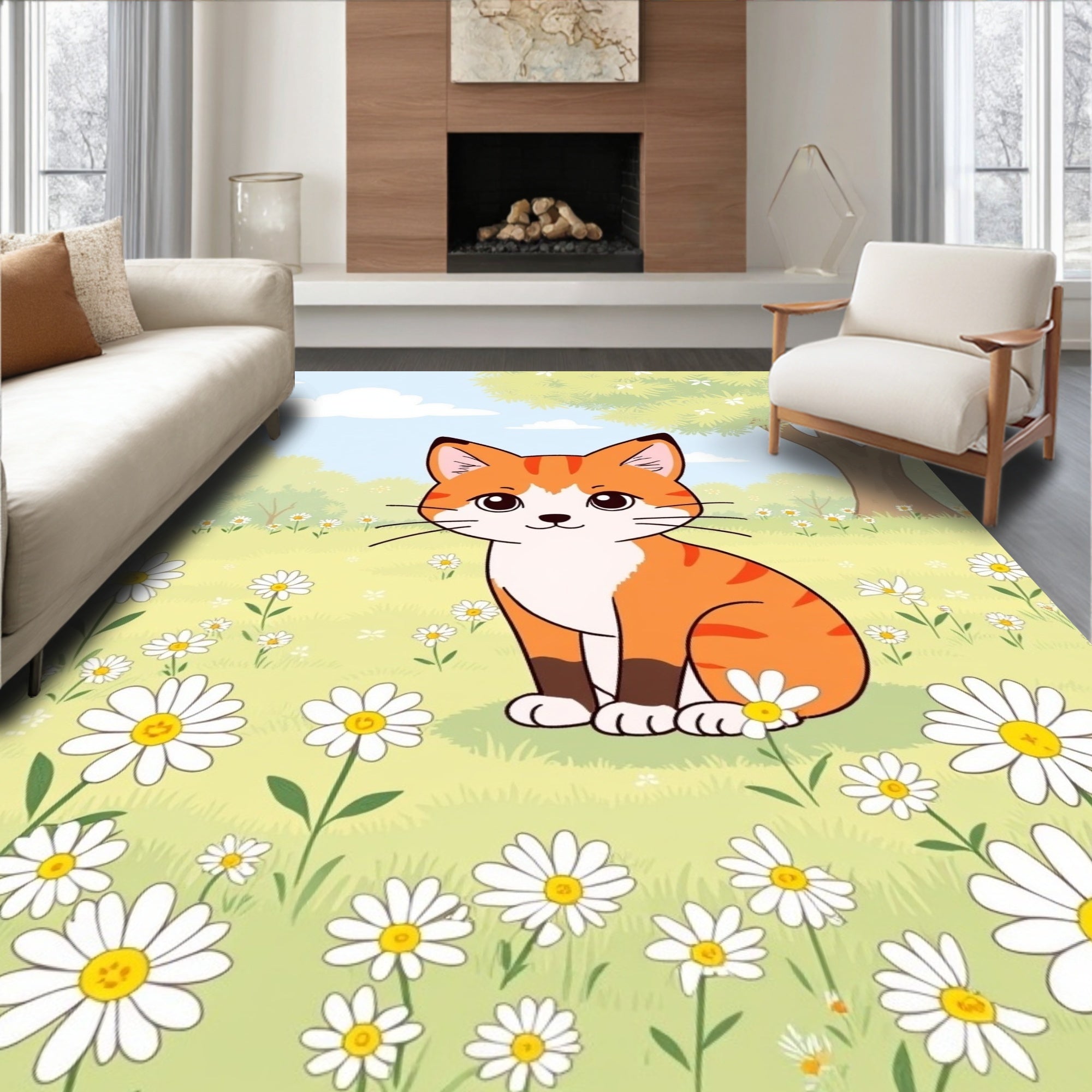 Cute Orange Cat Amongst Daisies Rug