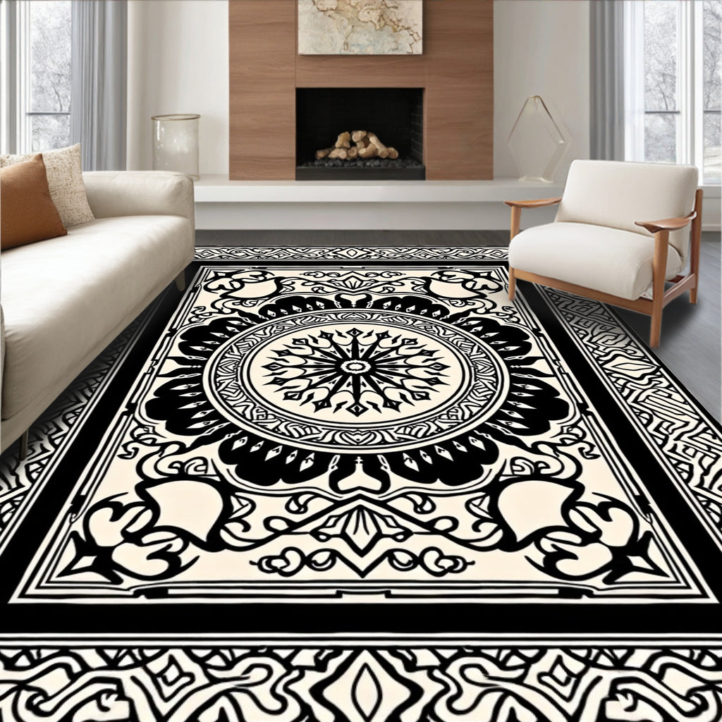 Ornate Black and White Mandala Design Rug
