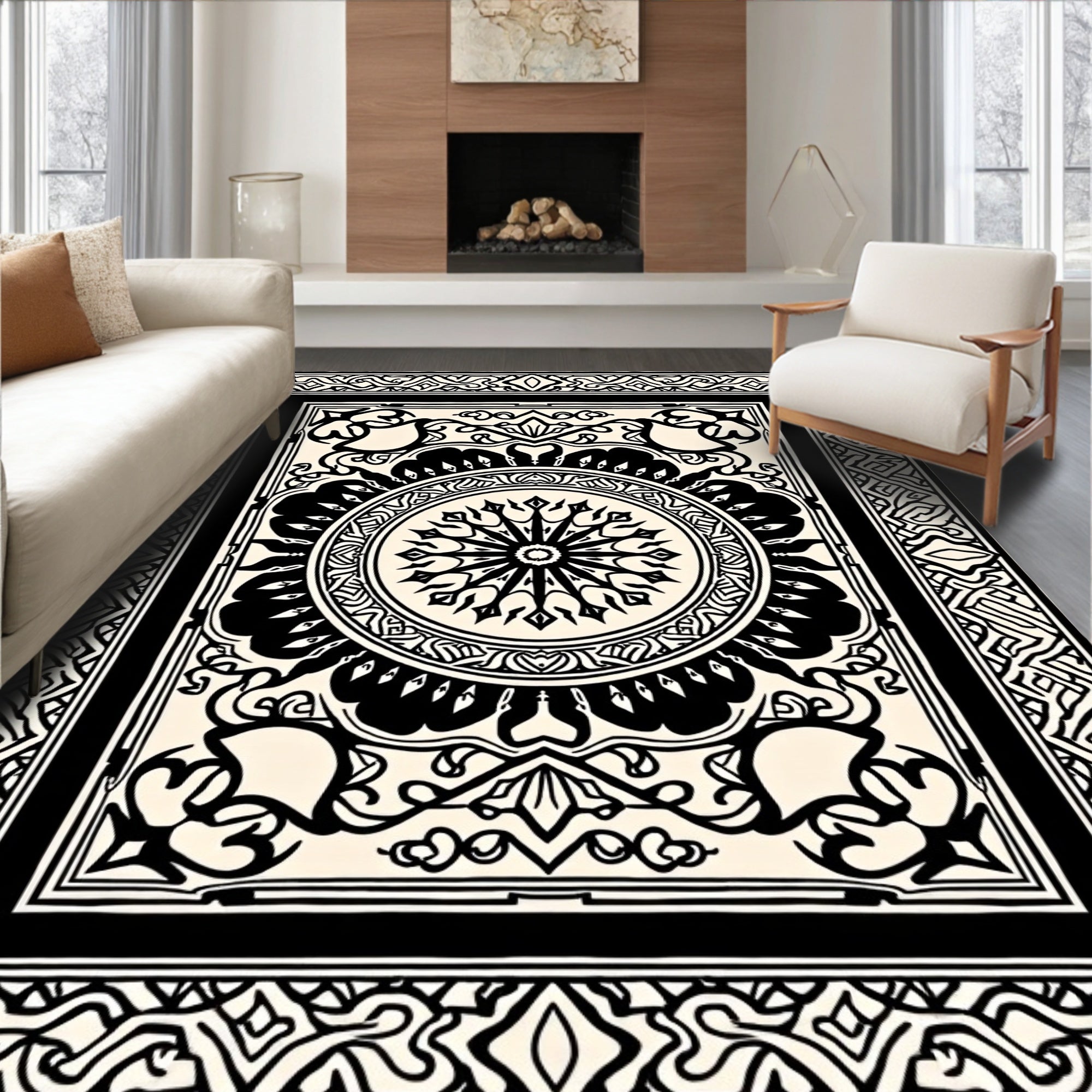 Ornate Black and White Mandala Design Rug