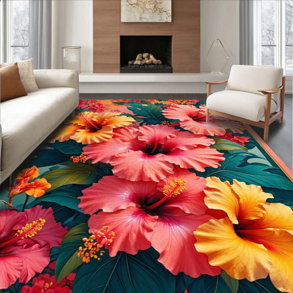Tropical Hibiscus Floral Pattern Rug